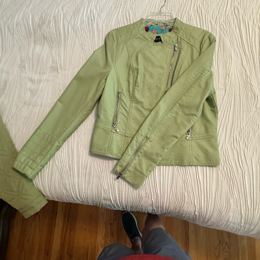 Waist length pleather type material, green